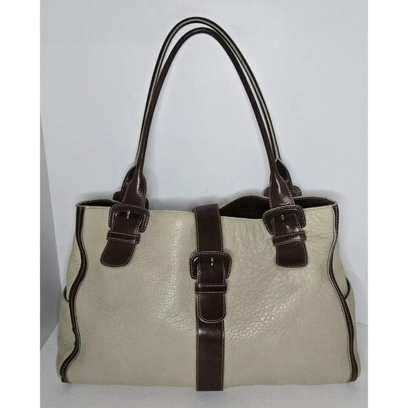 LEVENGER BRIEFCASE SHOULDER WORK TOTE BAG 3 COMPARTMENTS Creme/Tan LEATHER - Picture 1 of 14